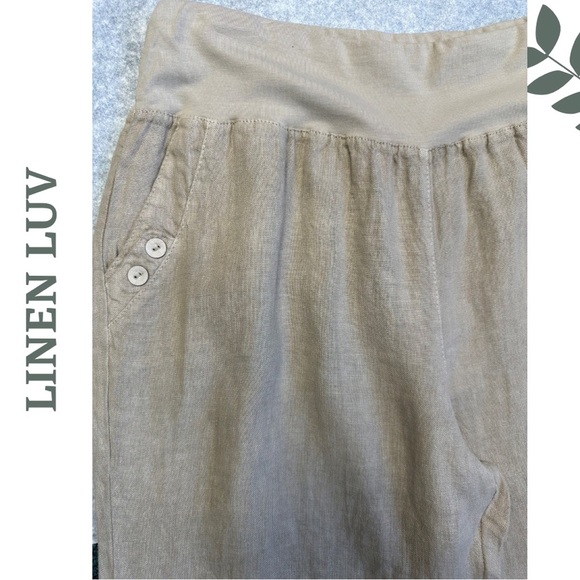 Linen Luv Cropped Pant Elastic Knit Waist front Button Detail Pockets Natural - Picture 5 of 8